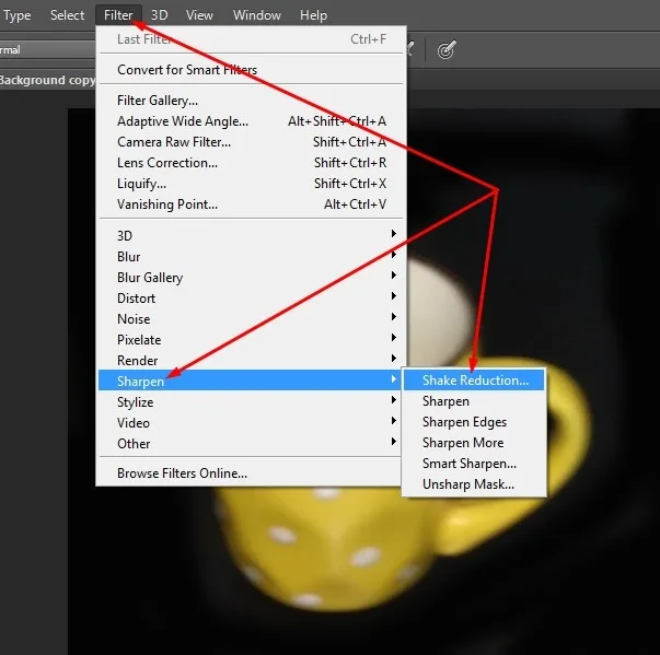 Photoshop Filter menu highlighting the Shake Reduction command for correcting camera shake.