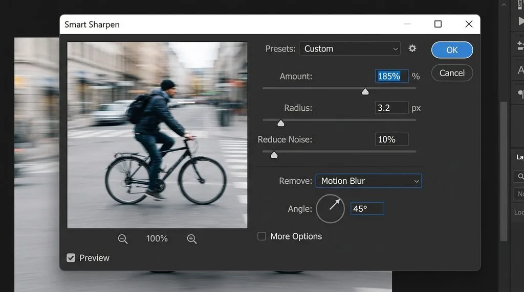 Photoshop Smart Sharpen dialog showing Motion Blur removal settings.