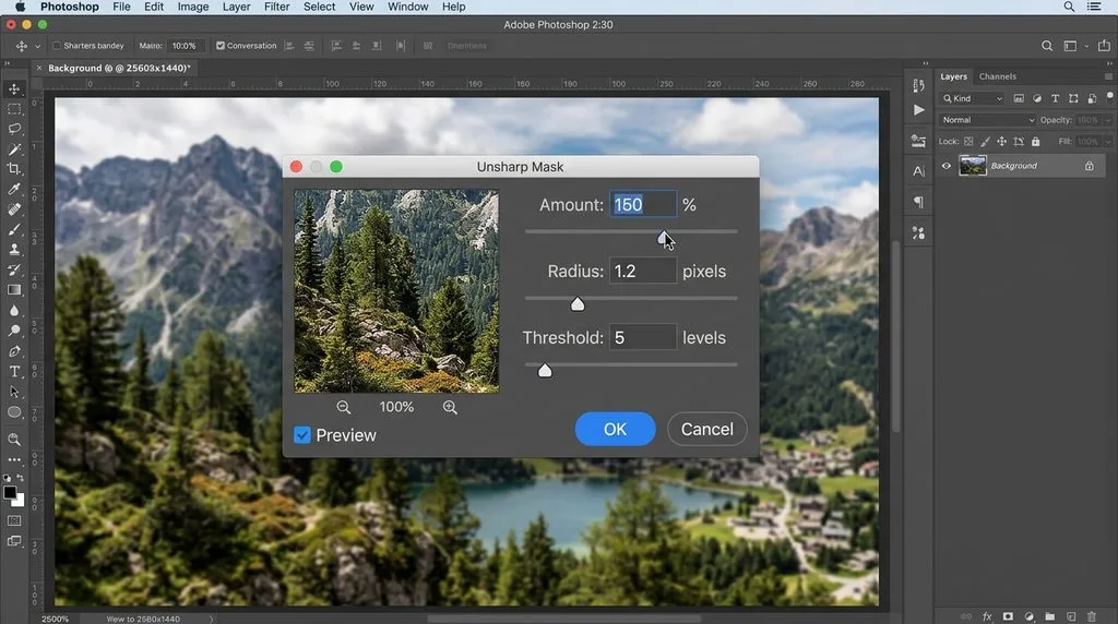 Photoshop Unsharp Mask dialog with Amount Radius Threshold sliders
