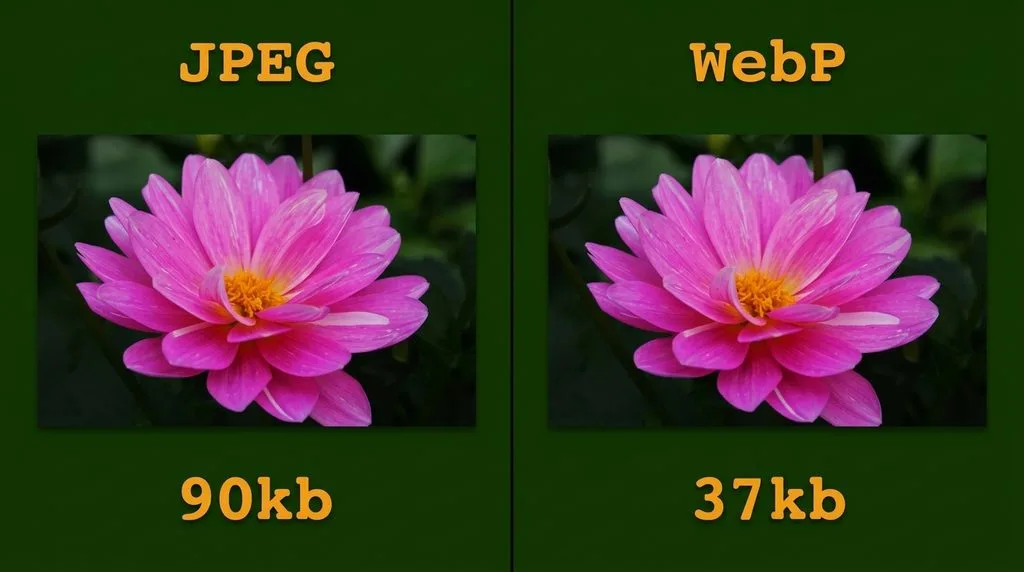 Pink dahlia flower: JPEG 90KB vs WebP 37KB — WebP saves 59% with identical visual quality