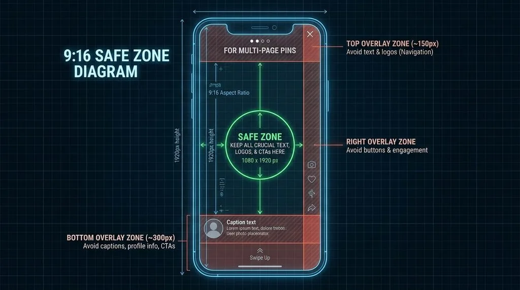 Vertical 9:16 safe zone diagram showing top, right, and bottom UI overlay zones — applies to multi-page Pins
