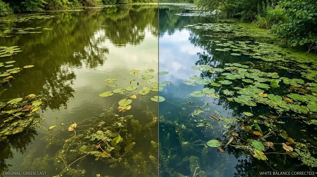 Pond water split — green color cast on the left, natural blue-green after white balance correction on the right