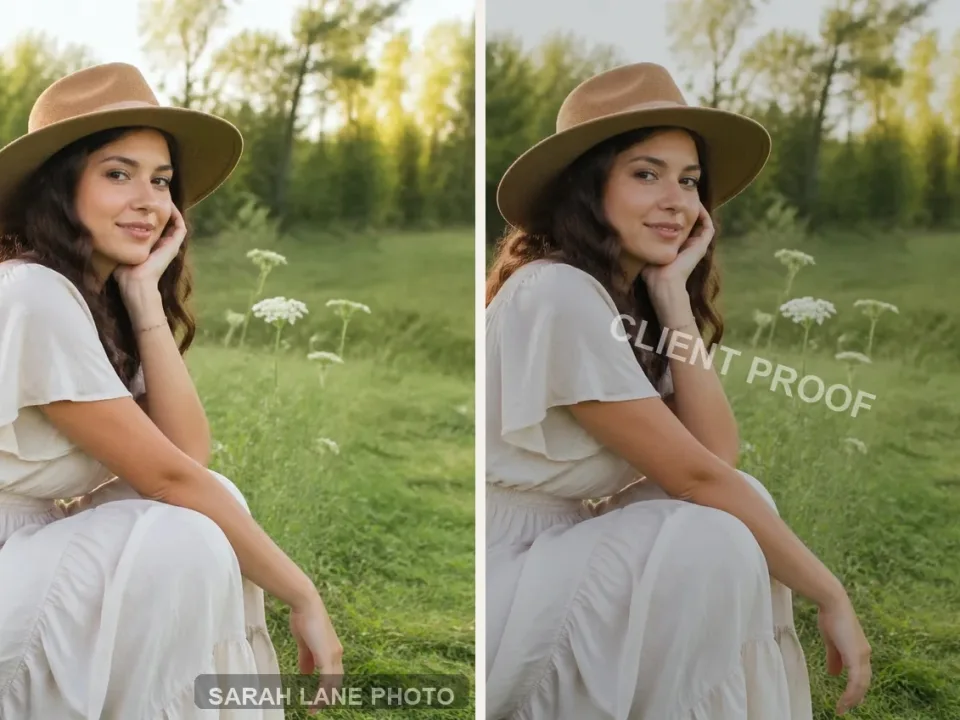 Portrait photograph example showing where a semi-transparent text watermark would sit in a bottom corner without covering the subject's face