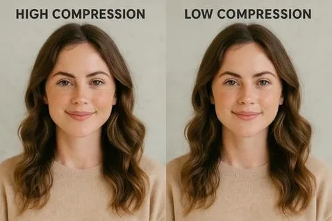 Side-by-side portrait showing high compression (soft, blocky) versus low compression (sharp, detailed)