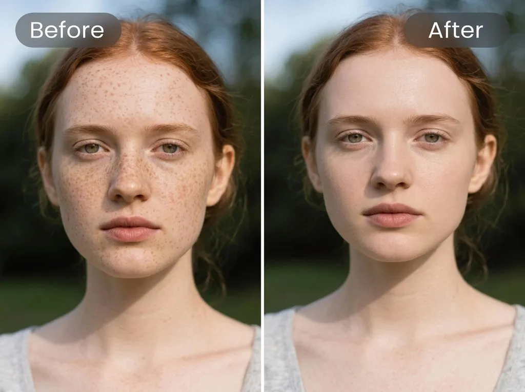 Before and after portrait skin retouching — blemishes and uneven tone on left, smooth natural skin with preserved freckle texture on right