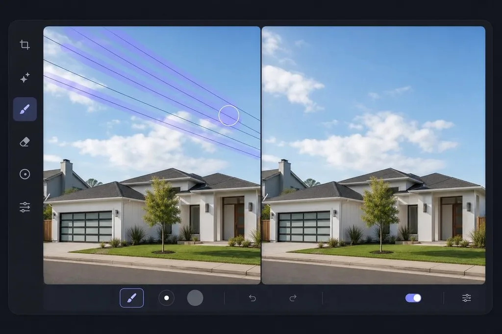 Power line removed from landscape with Content-Aware Fill before and after