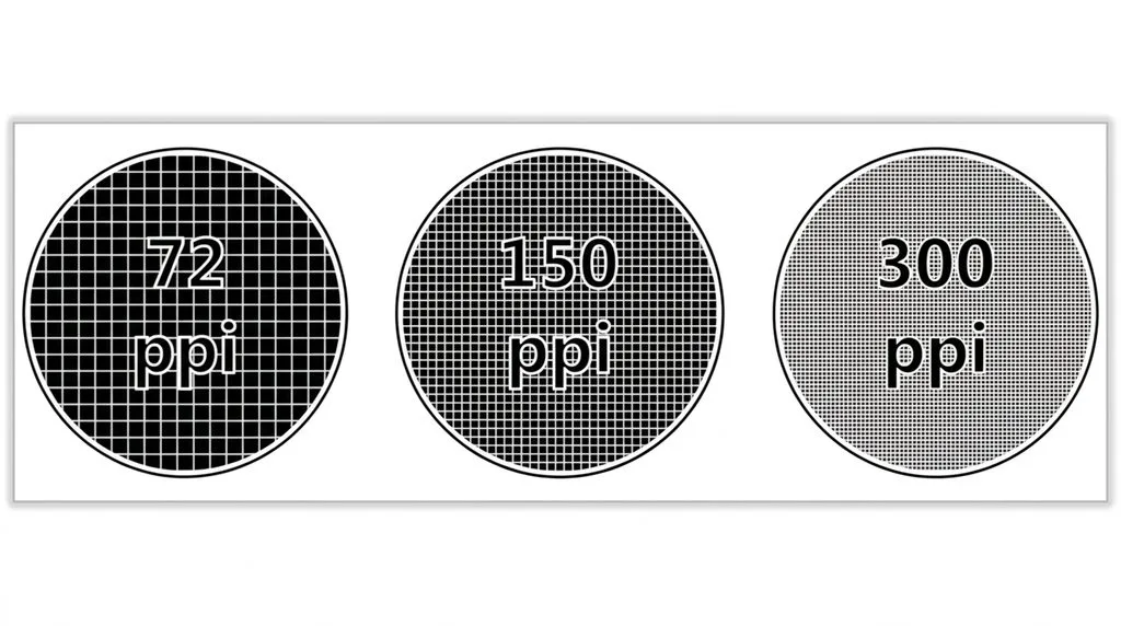 Diagram showing pixel density at 72, 150, and 300 pixels per inch — 72 shows visible grid, 300 is smooth