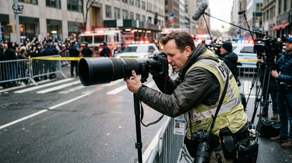 Press camera equipped with telephoto lens covering live news event