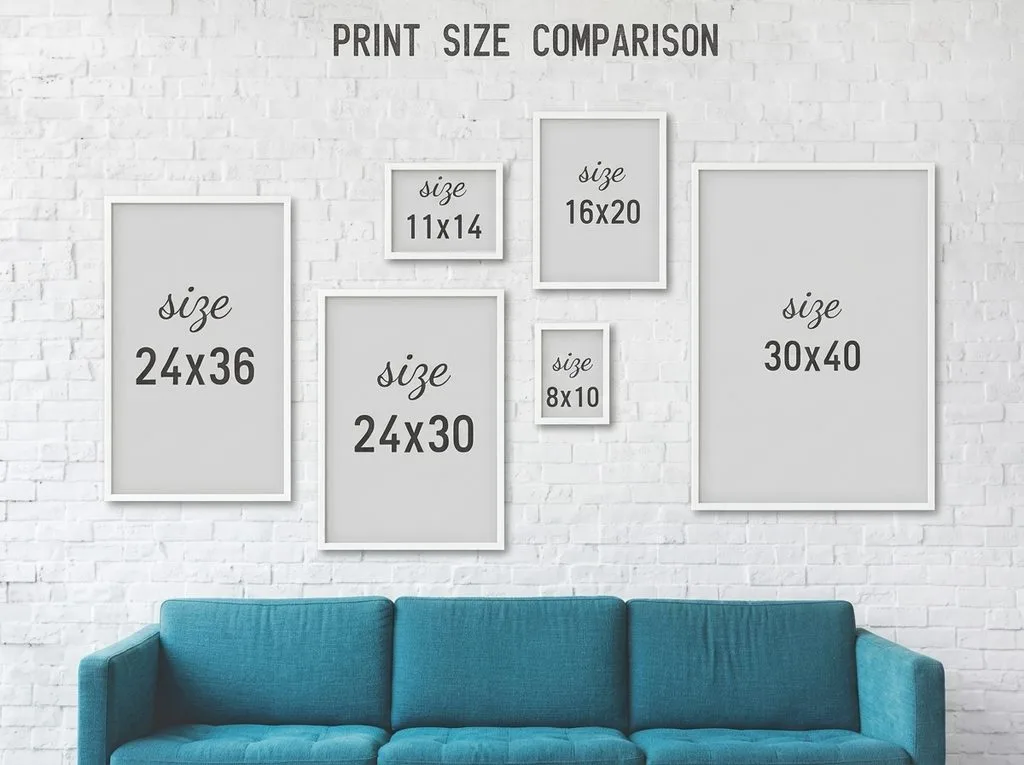 Framed print sizes 8×10 to 30×40 compared at true scale above a teal sofa