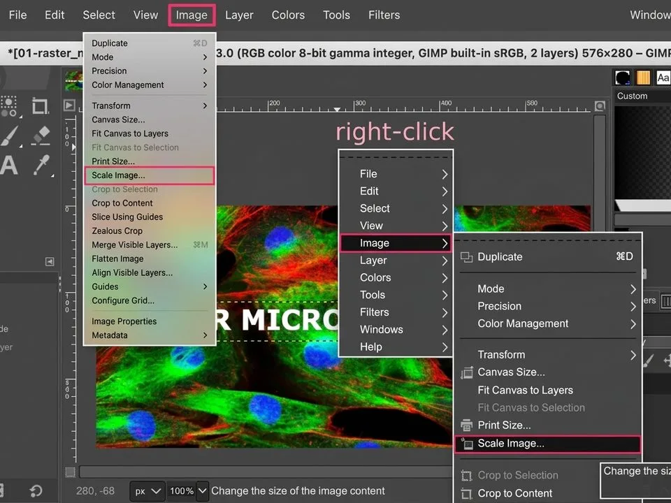 A designer working on a detailed raster image editing software interface with layers and adjustment tools on a dual monitor setup.
