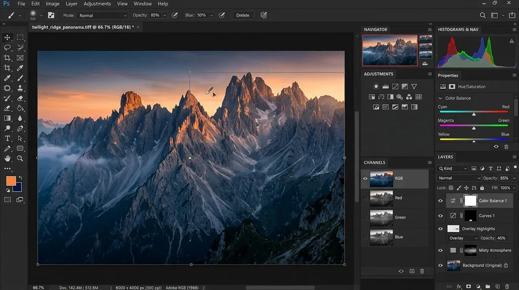 Screenshot of professional photo editing software workspace showing layers, adjustments, and RGB color channels.
