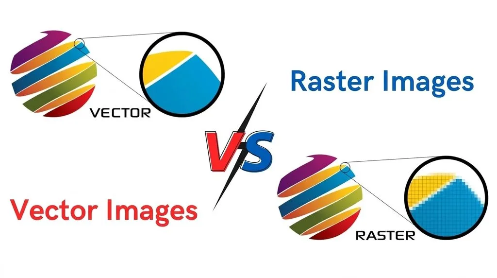 Visual comparison between raster pixels zooming in to show blocks and vector graphics staying sharp at high zoom levels.