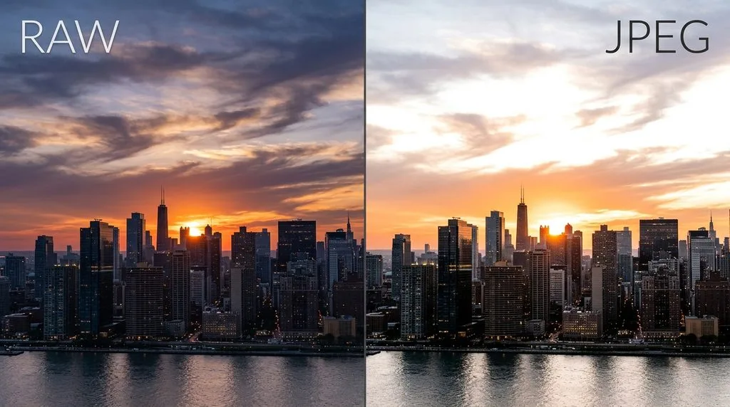 City skyline comparison — RAW side retains sky detail, JPEG side has blown-out highlights