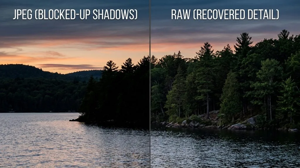 Lake and treeline comparison showing shadow detail recovered from RAW versus blocked-up shadows in JPEG