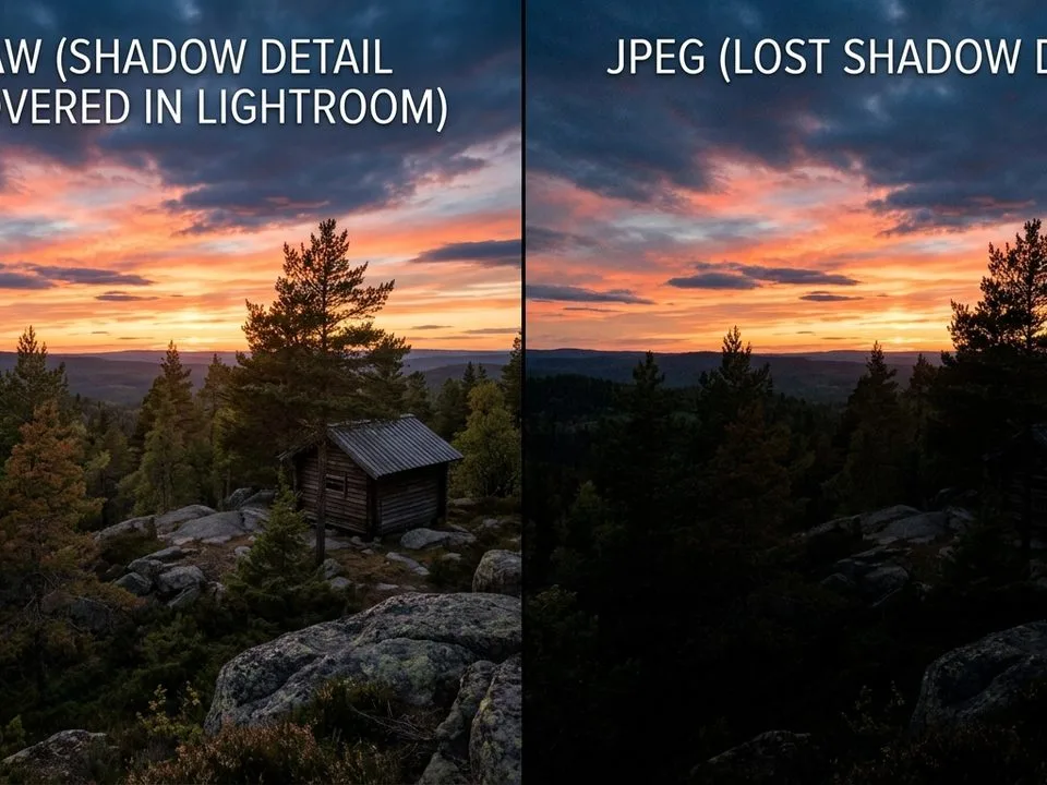 Side-by-side showing RAW shadow detail recovered in Lightroom versus the same exposure in JPEG where shadow data is permanently lost