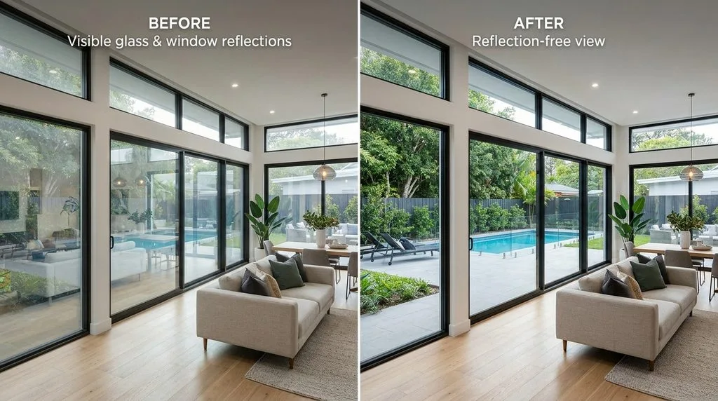 Interior real estate photo — window/glass reflections visible on left, clean reflection-free windows on right after AI removal