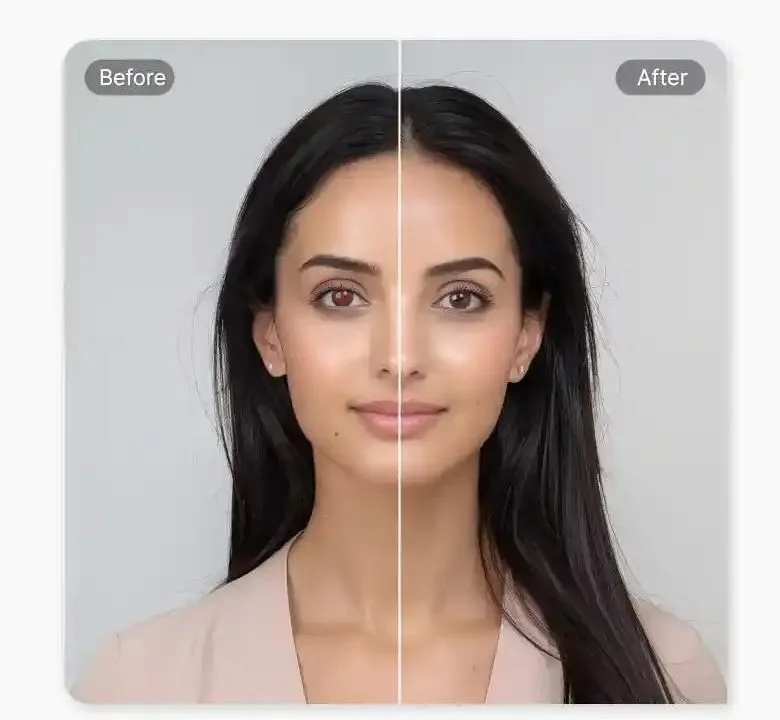 Red eye portrait before and after automatic red-eye removal