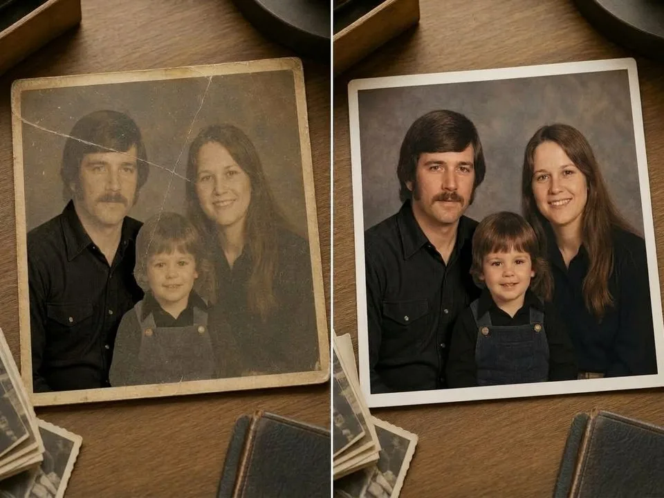 Before and after restoration of a scratched, faded vintage family portrait