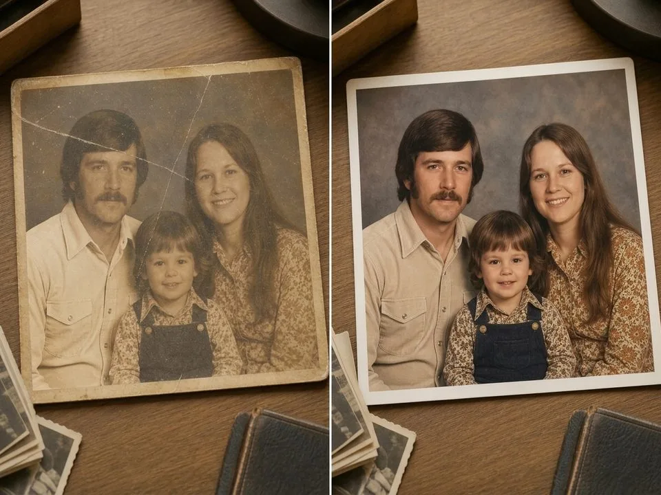 Scratched and faded vintage family portrait before and after scan repair
