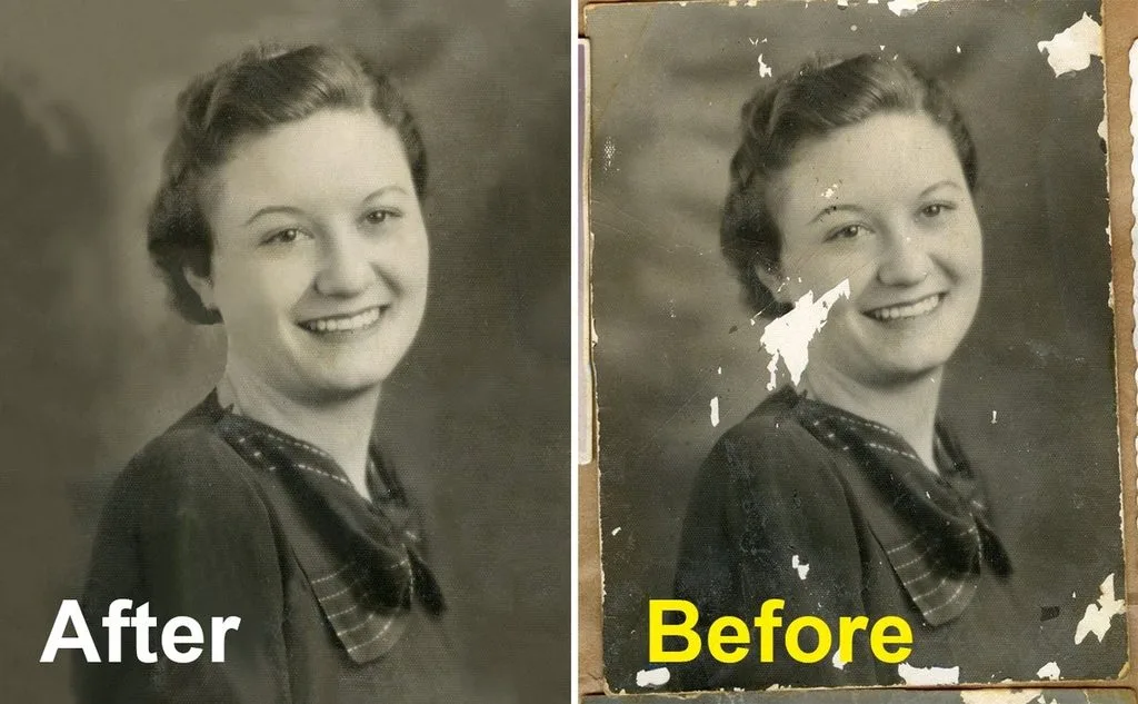 Scratched vintage photo with deep cracks across face and background