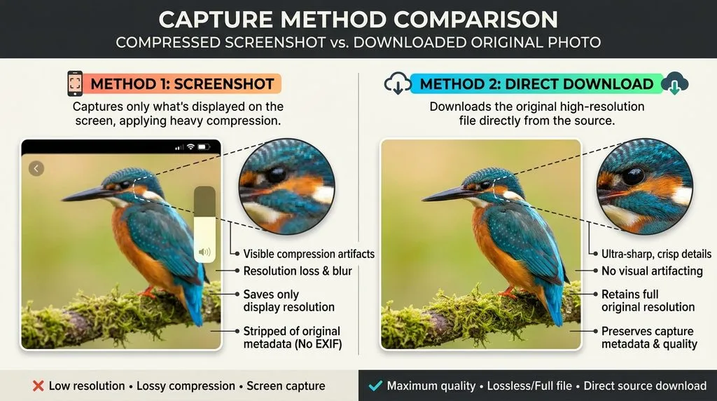 Diagram comparing a compressed screenshot versus a downloaded sharp photo — illustrates the difference between capture methods