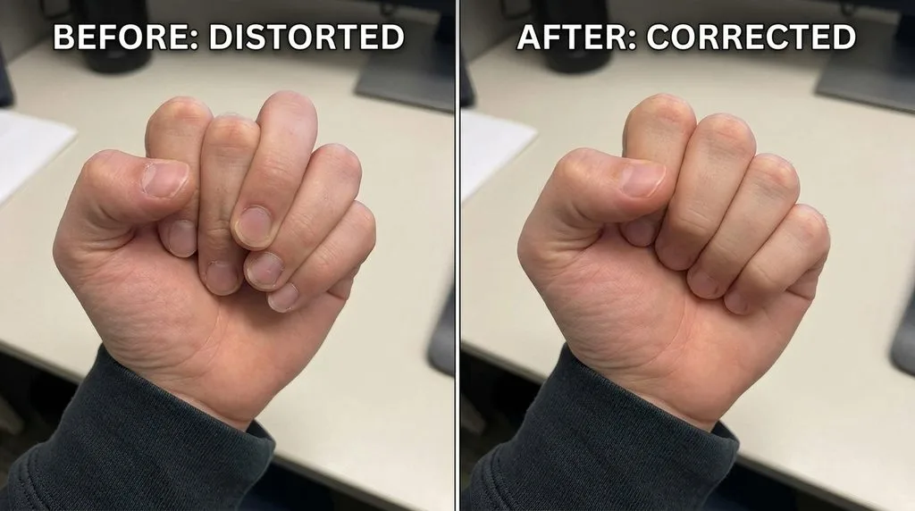 Side-by-side hand comparison — distorted six-finger fist on the left, corrected natural hand on the right after AI inpainting