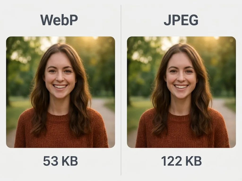 Smiling woman portrait: WebP 53KB vs JPEG 122KB — WebP is 57% smaller with the same visual quality