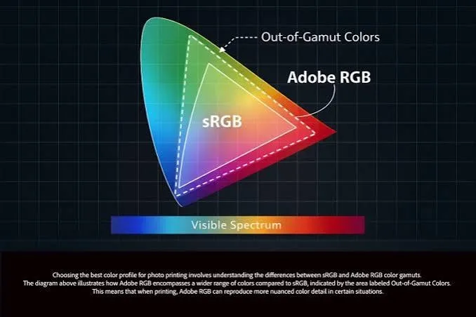 Color gamut diagram showing sRGB triangle inside the larger Adobe RGB triangle, with out-of-gamut colors marked