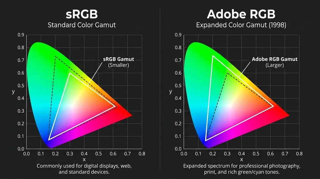 Side-by-side diagram of the sRGB color gamut versus the larger Adobe RGB color gamut