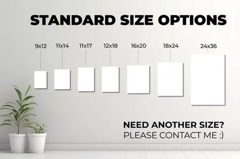 Standard photo print sizes from 9×12 to 24×36 shown to scale on a white wall