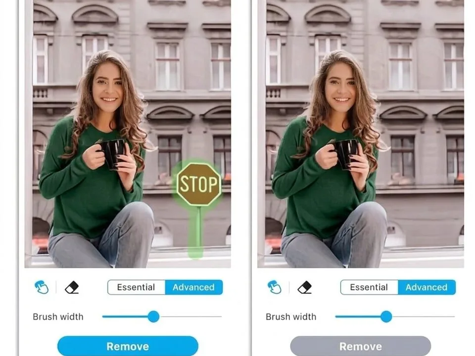 Stop sign removed from portrait photo with AI object removal