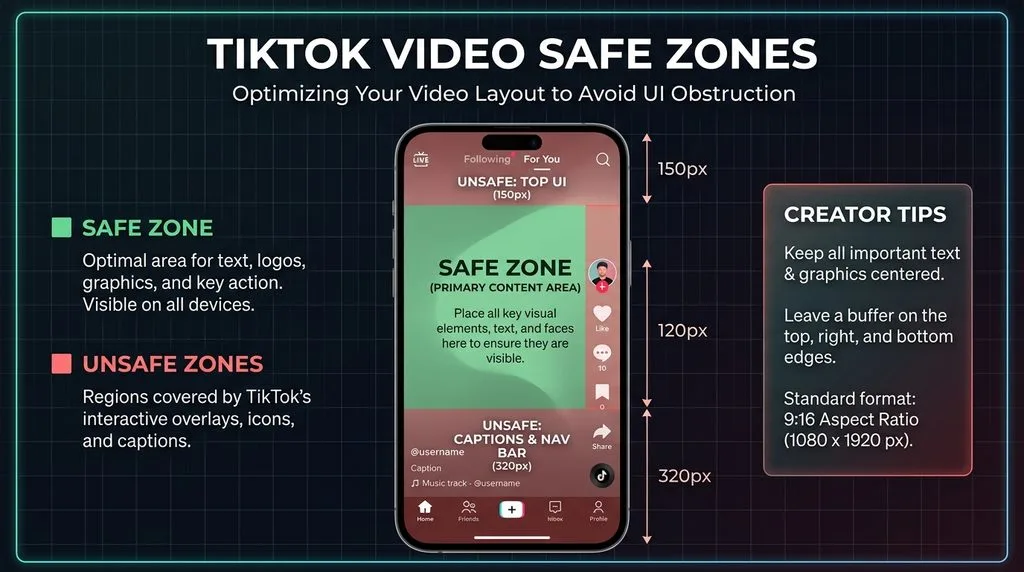 Diagram illustrating TikTok safe zones  primary content area versus unsafe zones covered by UI