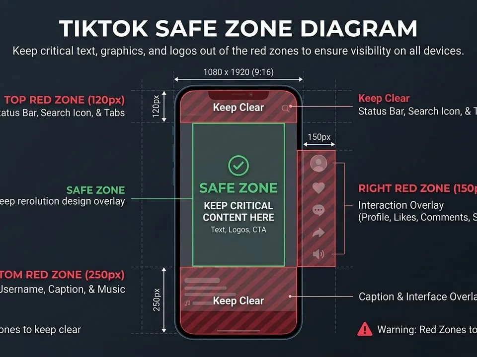 TikTok safe zone diagram showing top 120px, right 150px, and bottom 250px red zones to keep clear