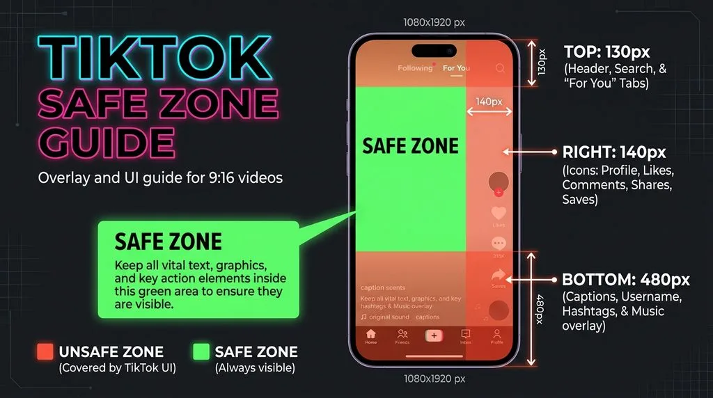 TikTok safe zone infographic showing top 130px, right 140px icons, and bottom 480px caption areas