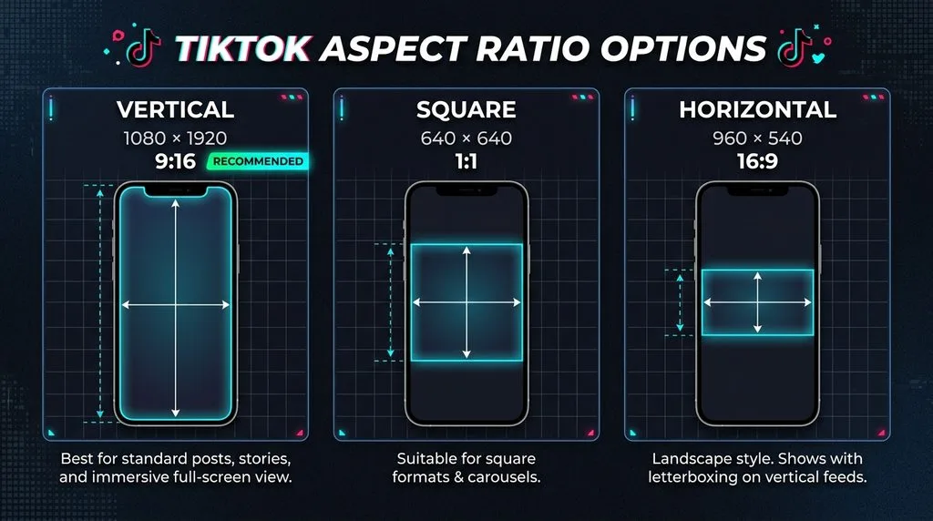 TikTok aspect ratio options  vertical 1080×1920 recommended, square 640×640, horizontal 960×540