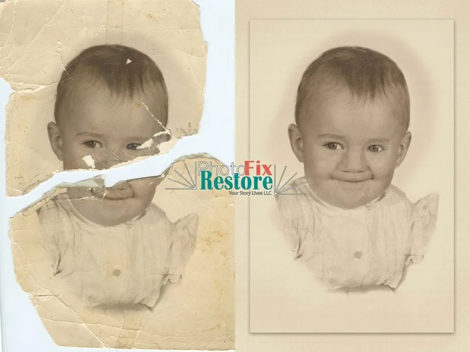 Torn baby photo split in two pieces before and after restoration