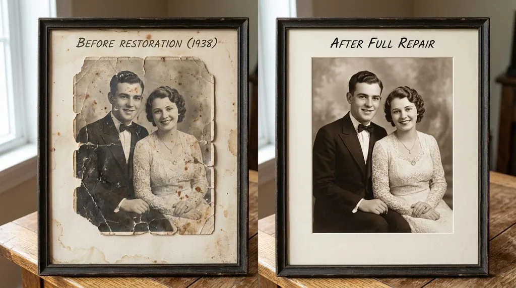 Torn and stained vintage couple portrait before and after full repair