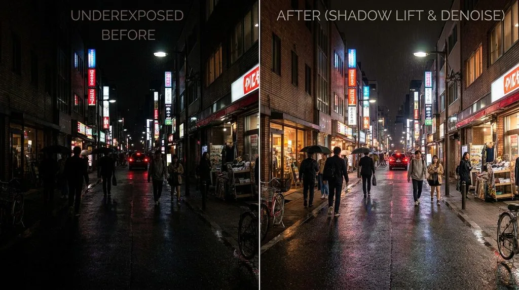 Underexposed night street photo before and after shadow lift and denoise