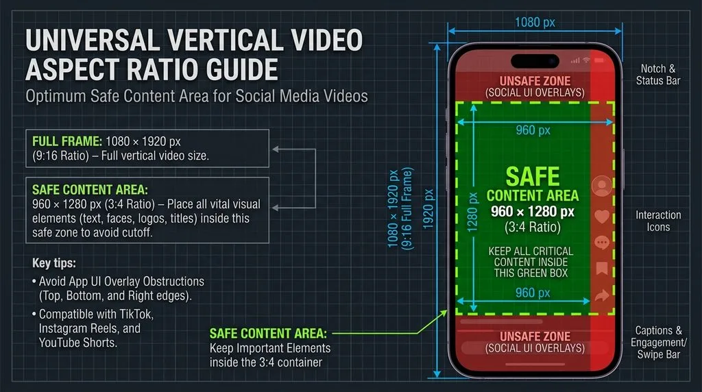 Universal aspect ratio guide showing safe content area 960×1280 pixels for vertical social video