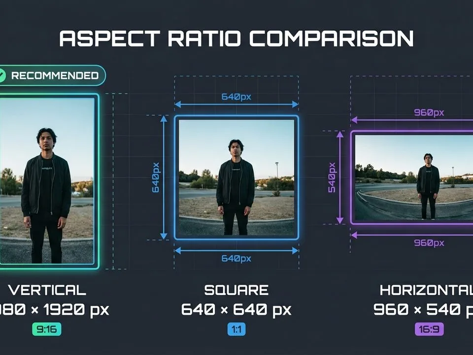 Aspect ratio comparison diagram — vertical 1080×1920 recommended, square 640×640, horizontal 960×540