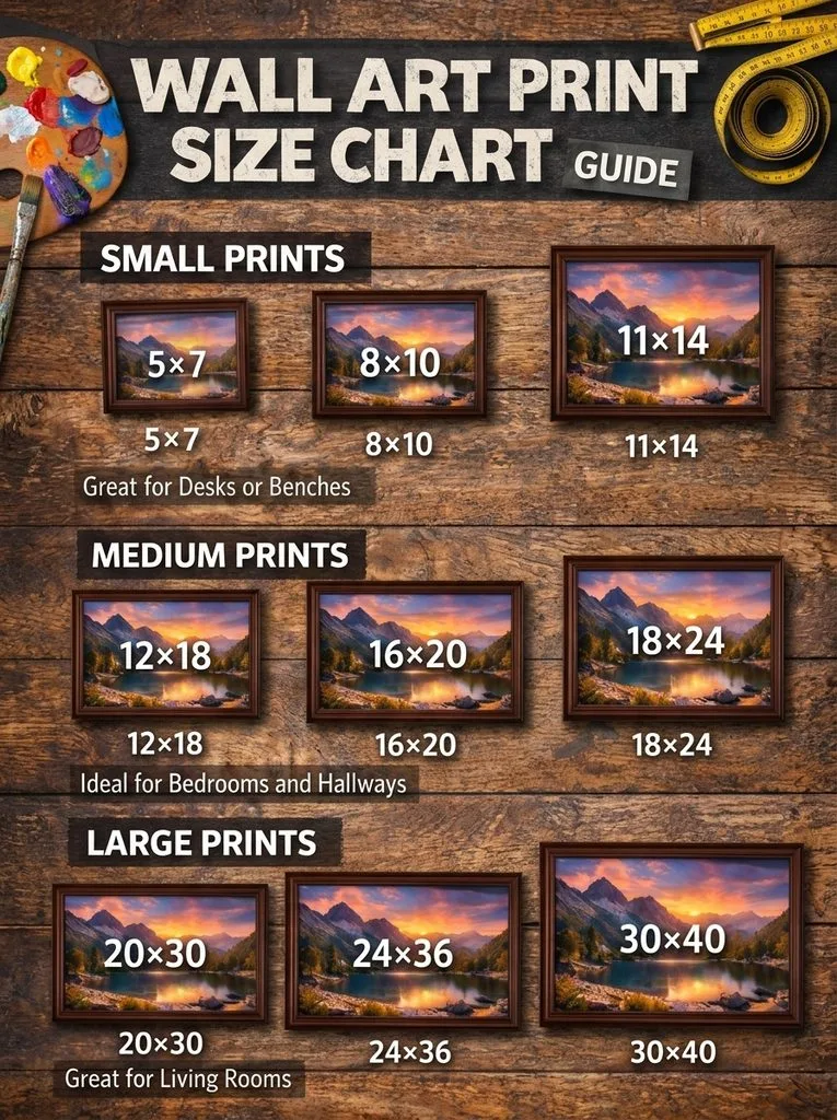 Wall art print size chart grouping 5×7 through 30×40 framed prints by small, medium and large