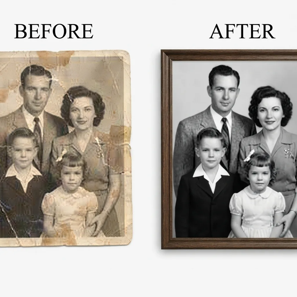Water-stained vintage portrait before and after digital restoration