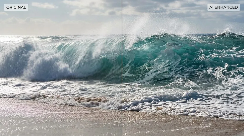 Beach wave photo split — heavily pixelated on the left, sharp and detailed after AI enhancement on the right