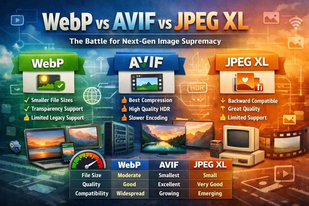 WebP versus AVIF versus JPEG XL battle for next generation image format supremacy infographic