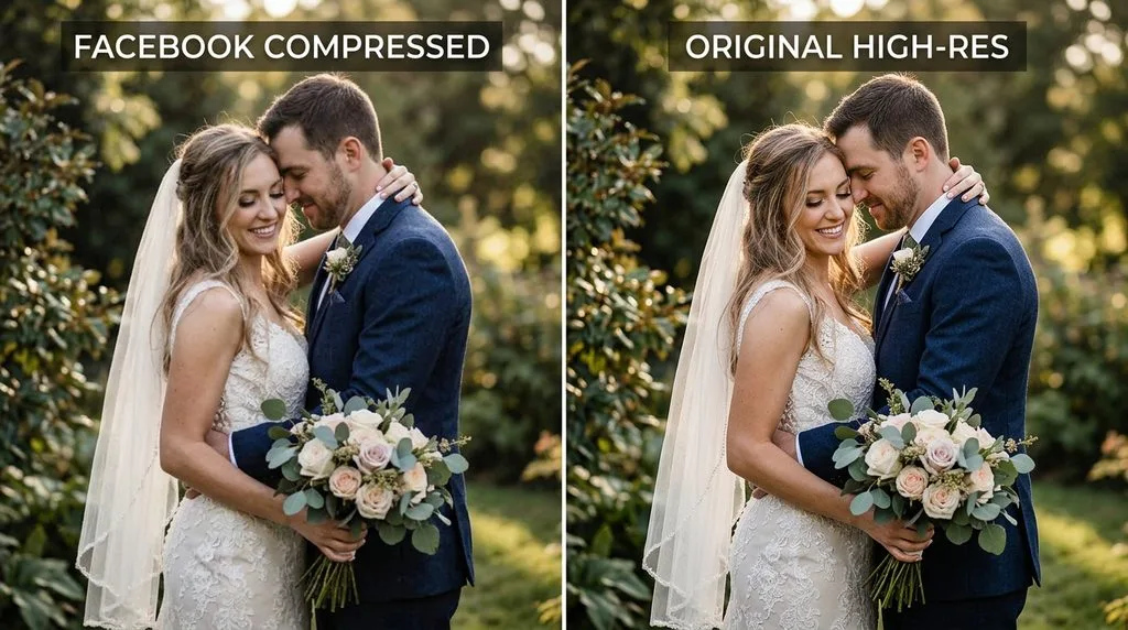 Wedding photo comparison — Facebook compressed version on the left versus the original on the right