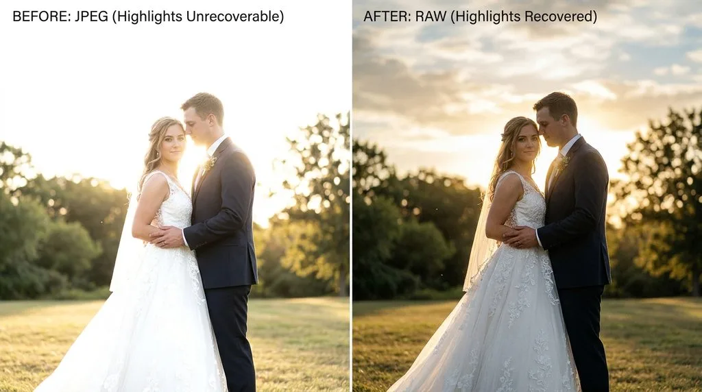 Wedding photo comparison — JPEG before edit (highlights unrecoverable) versus RAW after edit (highlights recovered, 1–2 stops headroom)