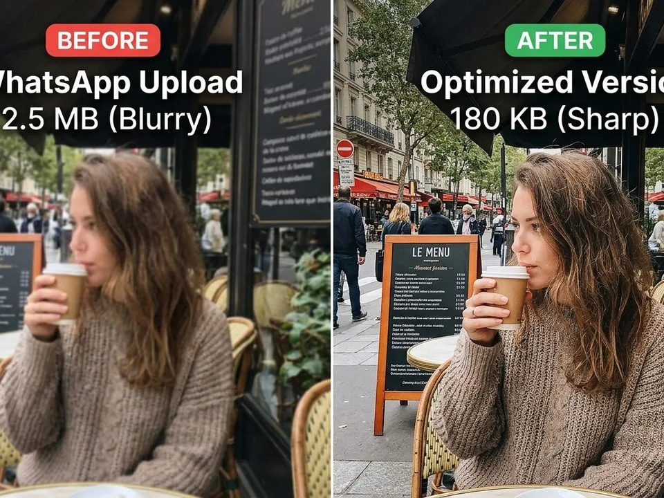 Before-and-after comparison showing a blurry 2.5MB WhatsApp upload versus an optimized sharp 180KB version
