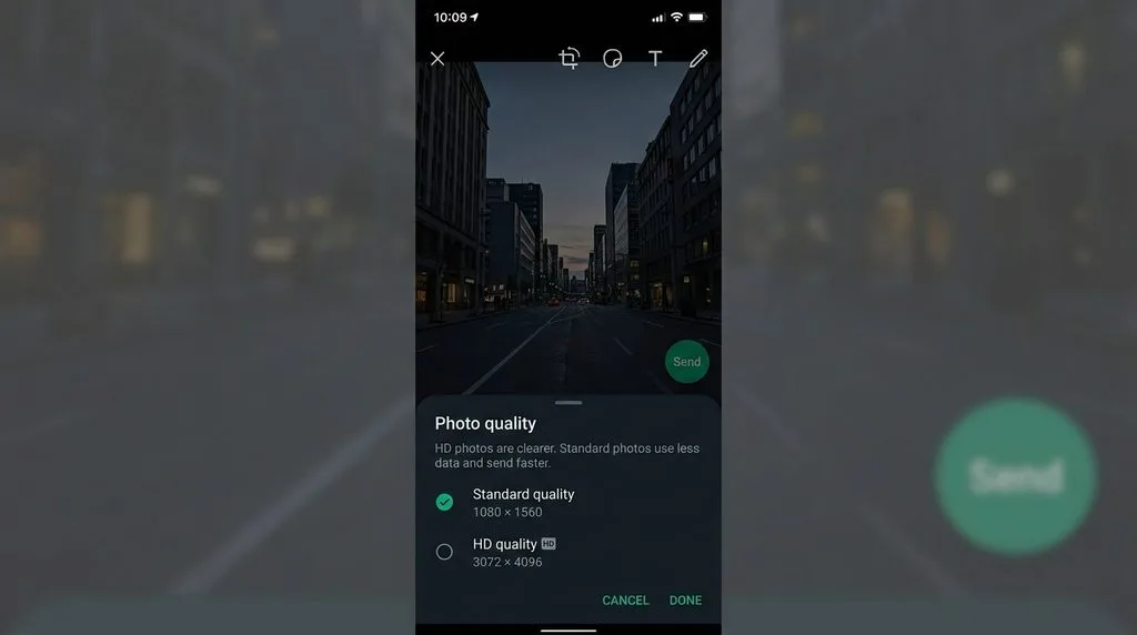  WhatsApp photo quality selection screen showing Standard quality (1080×1560) versus HD quality (3072×4096)