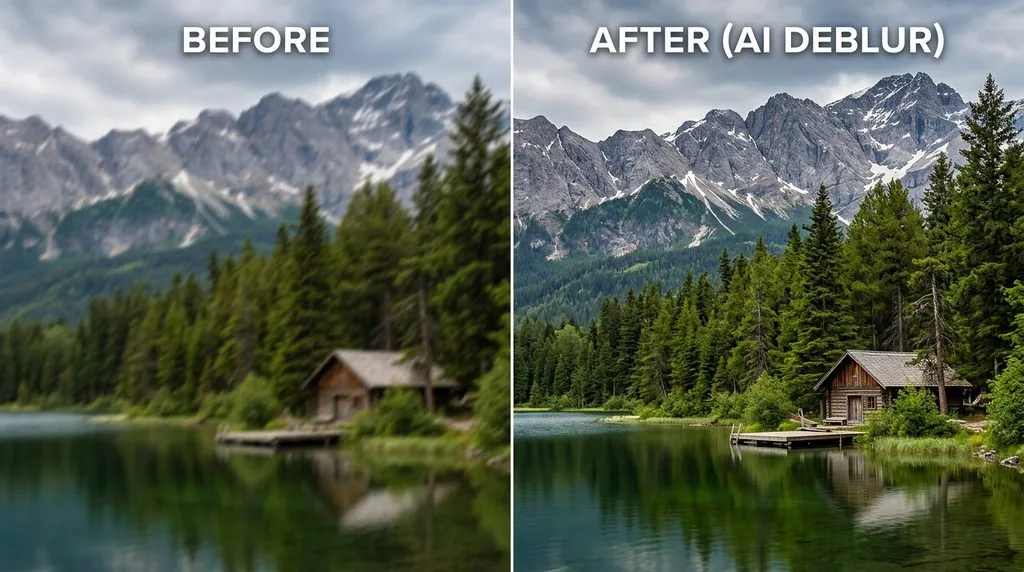 Before (blurry landscape) and after (sharp) AI deblur result — shows what post-processing can and cannot fix