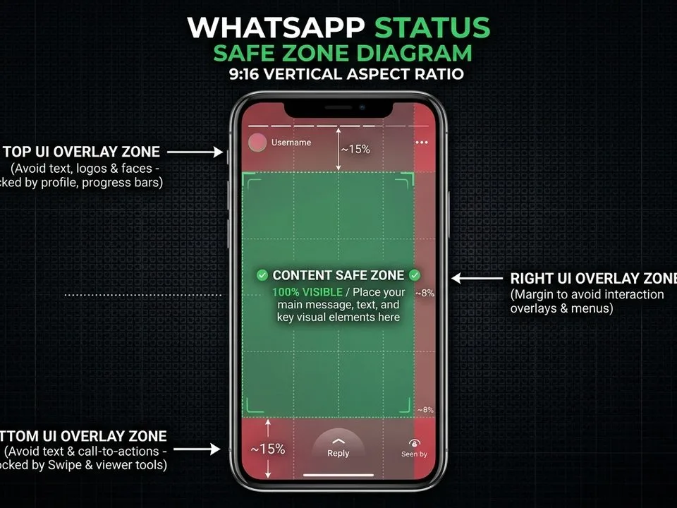 Vertical 9:16 safe zone diagram showing top, right, and bottom UI overlay zones — applies to WhatsApp Status